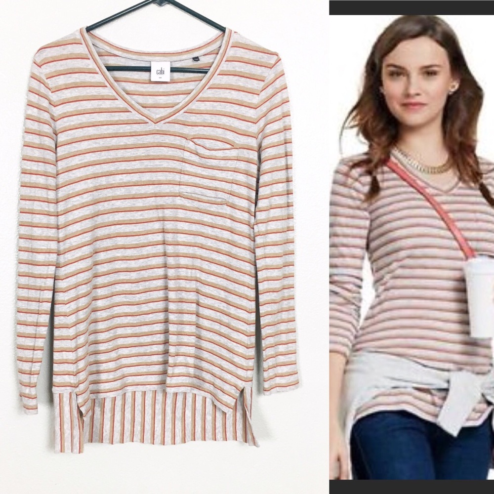 Cabi | Skipper Striped Tee Small Gray Red Tan